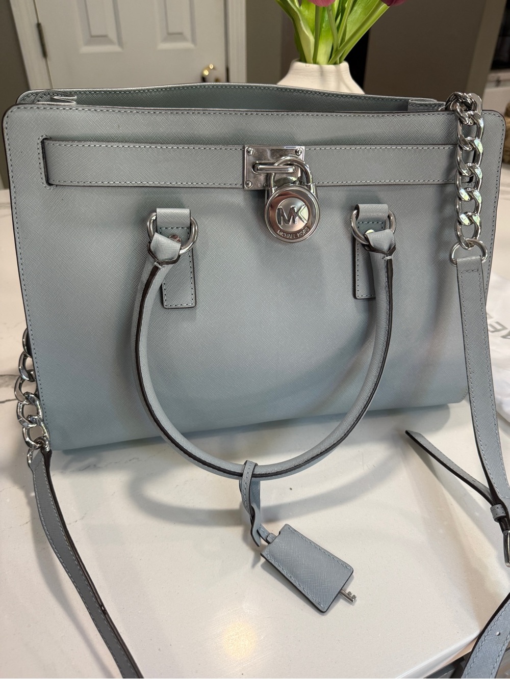 Michael Kors Light Gray Saffiano Leather Satchel with Silver Hardware